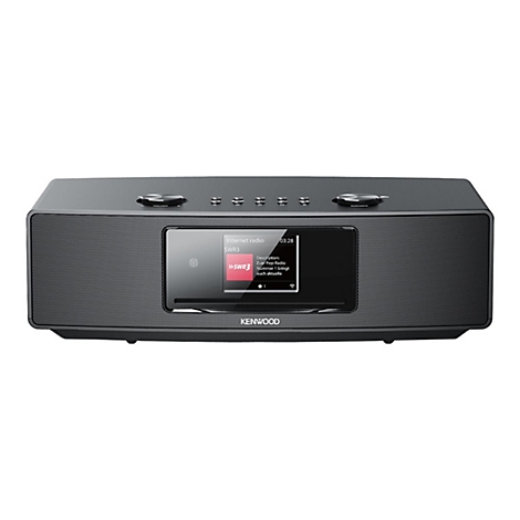 Schwarzes Kenwood Internetradio mit Display, das den Sender SWR3 anzeigt, vor neutralem Hintergrund.
