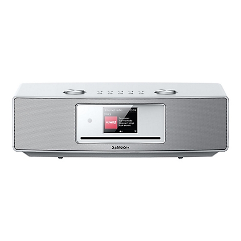 Weißes Kenwood Internetradio mit digitalem Display vor weißem Hintergrund.