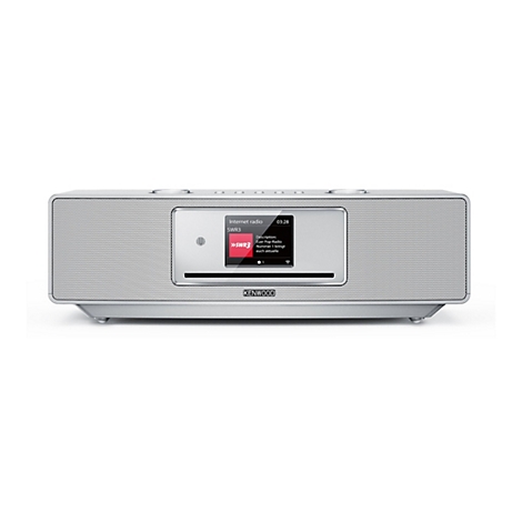 Silbernes Kenwood Internetradio mit digitalem Display vor weißem Hintergrund.