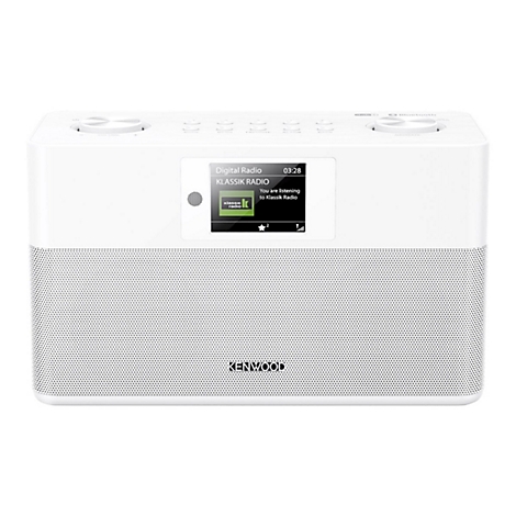Weißes Kenwood Digitalradio mit Display, Anzeige zeigt Klassik Radio bei 03:28 Uhr.