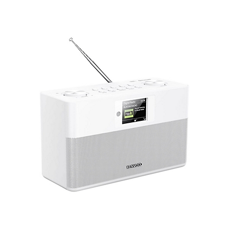 Weißes Kenwood Digitalradio mit Antenne und Display vor weißem Hintergrund.