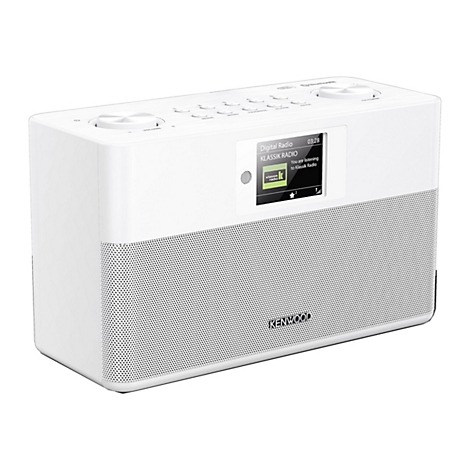 Weißes Kenwood Digitalradio mit Display, Bedientasten auf der Oberseite und Lautsprechergitter an der Front.
