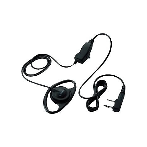 Schwarzes Ohrbügel-Headset mit Kabel, PTT-Taste und Klinkenstecker vor weißem Hintergrund.