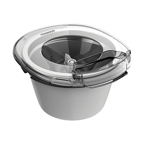 Eismaschinenaufsatz von Kenwood mit transparentem Deckel und weißem Gehäuse vor weißem Hintergrund.
