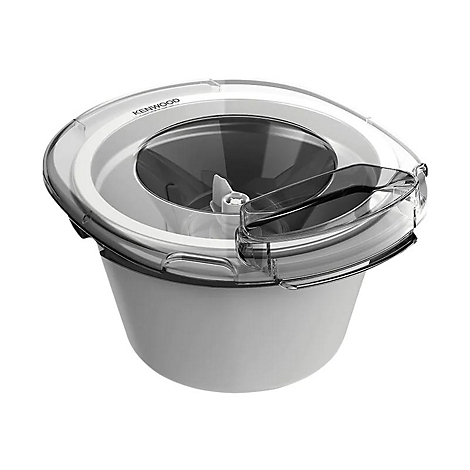 Grauer Kenwood Eismaschinenbehälter mit transparentem Deckel und weißem Rührelement auf weißem Hintergrund.