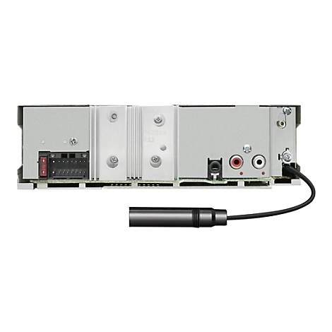 Rückseite eines Autoradios mit Anschlüssen, schwarzen Kabeln und dem Aufdruck "12v80mA MAX".