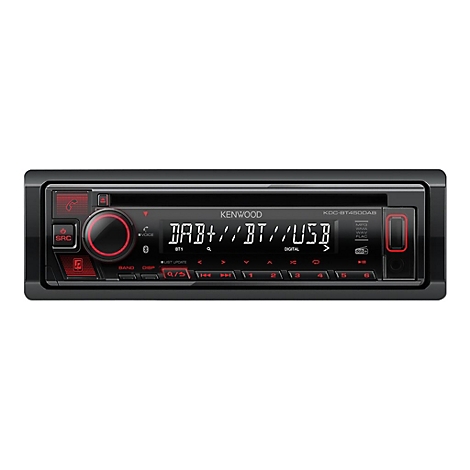Schwarzes Autoradio von Kenwood, Knöpfe, Display. DAB+, Bluetooth, USB, MP3, WAV und FLAC.