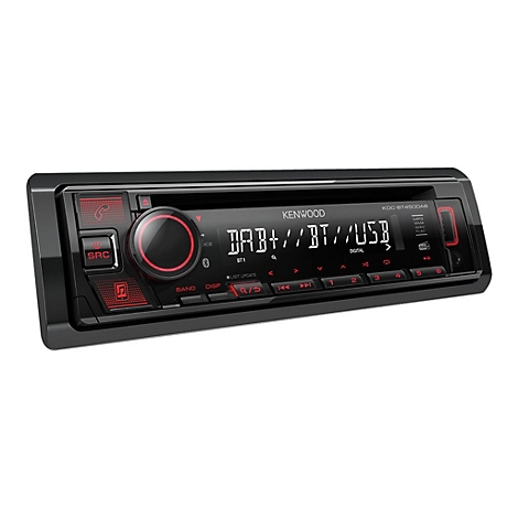 Schwarzes Autoradio mit Bedienfeld. Display zeigt DAB+/BT/USB-Anzeige, dazu Tasten und Drehregler.
