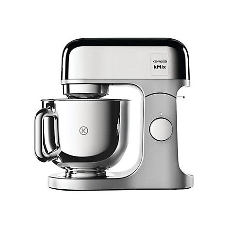 Silberne Kenwood kMix Küchenmaschine vor weißem Hintergrund.