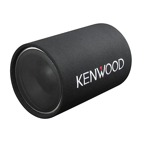 Schwarzer Kenwood Röhren-Subwoofer vor weißem Hintergrund.