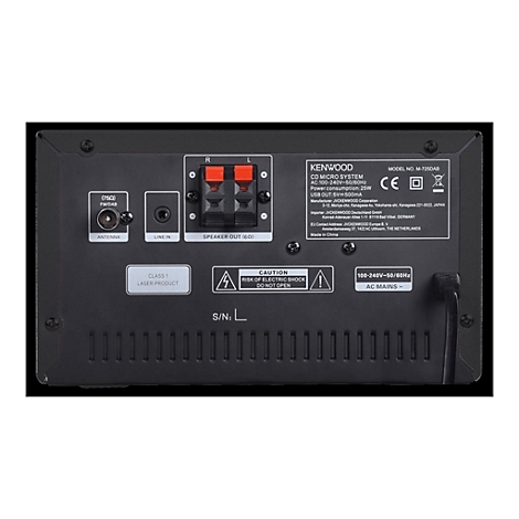 Rückseite eines Kenwood M-725DAB mit Anschlüssen für Antenne, Line-in, Lautsprecher und Netzkabel.