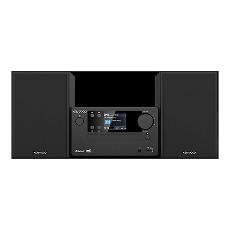 Schwarze Kenwood Stereoanlage mit zwei Lautsprechern und zentralem Display vor weißem Hintergrund.