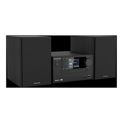 Schwarze Kenwood Kompaktanlage mit zwei Lautsprechern und digitalem Display vor neutralem Hintergrund.