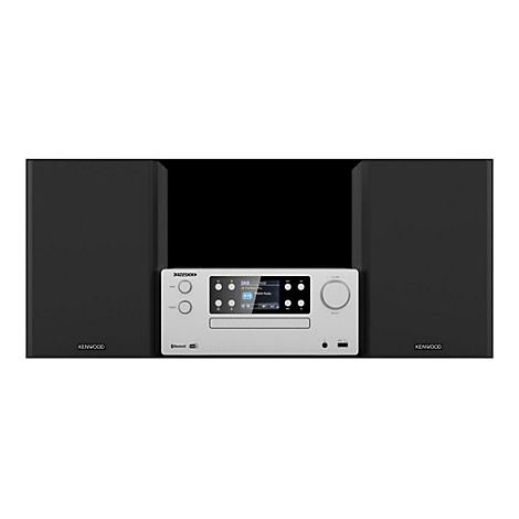 Silberne Kenwood Stereoanlage mit zwei schwarzen Lautsprechern vor weißem Hintergrund.