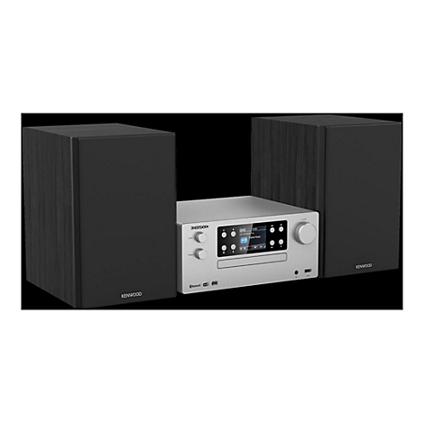 Kenwood Stereoanlage in Silber mit zwei schwarzen Lautsprechern vor neutralem Hintergrund.