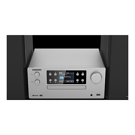 Kenwood Hi-Fi-Anlage in Silber mit schwarzem Display, Bedienelementen und flankierenden Lautsprechern.