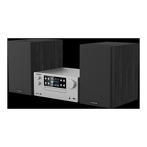 Silberne Kenwood Stereoanlage mit zwei schwarzen Lautsprechern vor schwarzem Hintergrund.