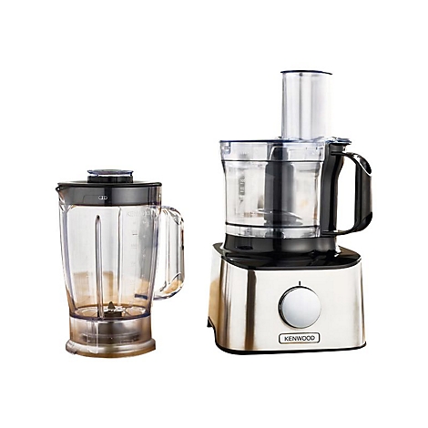 Kenwood Küchenmaschine mit Edelstahlgehäuse und transparentem Mixaufsatz vor weißem Hintergrund.