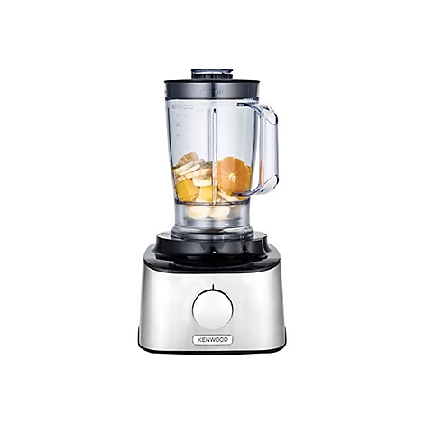 Kenwood Standmixer mit silbernem Gehäuse, schwarzem Deckel und Obststücken im durchsichtigen Kunststoffbehälter.