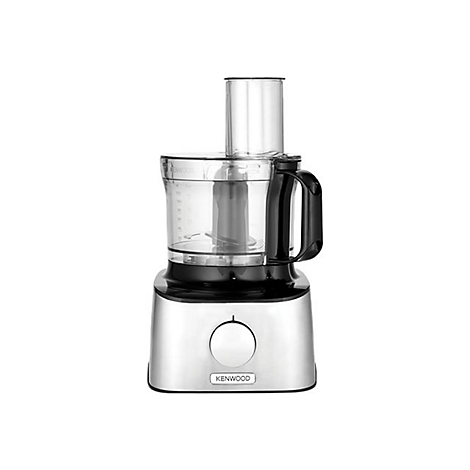 Kenwood Küchenmaschine in Silber und Schwarz auf weißem Hintergrund mit transparentem Aufsatz.