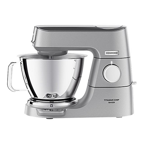 Silberne Kenwood Titanium Chef Baker Küchenmaschine mit Edelstahlschüssel vor weißem Hintergrund.