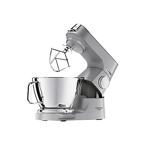 Graue Kenwood Titanium Chef Baker Küchenmaschine mit Edelstahlschüssel auf weißem Hintergrund.