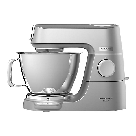 Silberne Kenwood Titanium Chef Baker Küchenmaschine mit Edelstahlschüssel vor weißem Hintergrund.