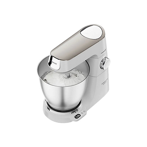 Weiße Kenwood Titanium Chef Baker XL Küchenmaschine mit Rührschüssel und digitaler Waagenanzeige.