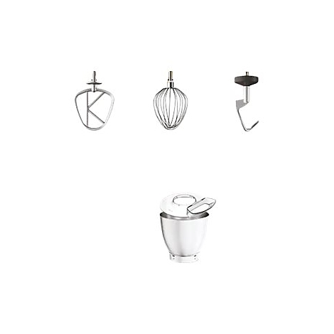 Zubehör für Küchenmaschine: K-Haken, Schneebesen, Knethaken und eine Rührschüssel aus Edelstahl.