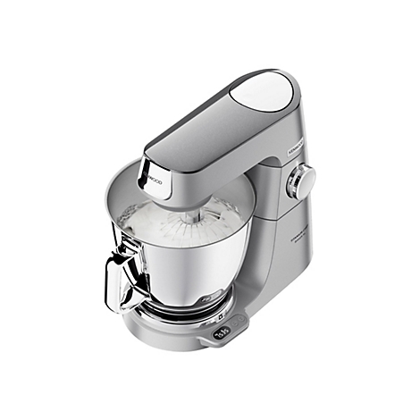 Silberne Kenwood Titanium Chef Baker XL Küchenmaschine mit Rührschüssel und integrierter Waage.