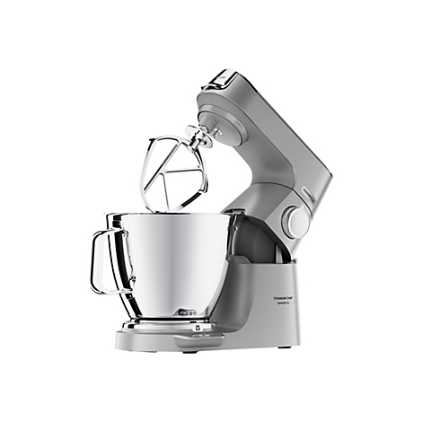 Graue Kenwood Titanium Chef Baker XL Küchenmaschine mit Rührschüssel und K-Haken vor weißem Hintergrund.