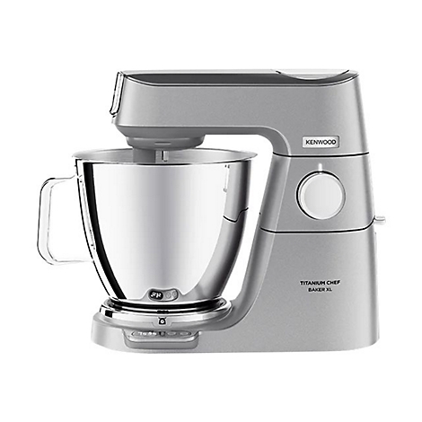 Silberne Kenwood Titanium Chef Baker XL Küchenmaschine mit Rührschüssel vor weißem Hintergrund.