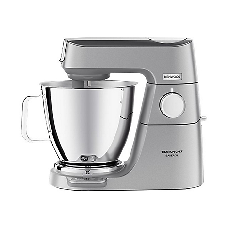 Silberne Kenwood Titanium Chef Baker XL Küchenmaschine vor weißem Hintergrund.