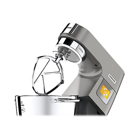 Graue Kenwood Küchenmaschine mit digitalem Display und Edelstahl-Rührelement vor neutralem Hintergrund.