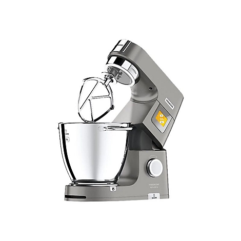 Graue Kenwood Küchenmaschine mit Edelstahl-Rührschüssel und digitalem Display vor weißem Hintergrund.
