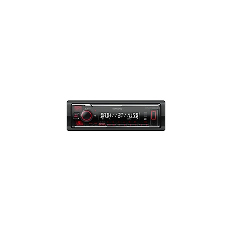 Schwarzes Autoradio von Kenwood mit roter Beleuchtung. Es zeigt DAB+, BT, und USB-Funktionen an.
