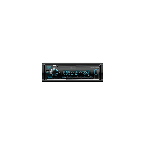 Schwarzes Autoradio mit blauem Knopf und Display. Anzeige: DAB+, BT, USB. Aufschrift: KENWOOD.
