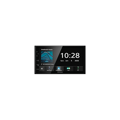 Ein schwarzes Autoradio-Display mit der Uhrzeit 10:28, Android Auto, Musikinformationen und App-Symbolen.