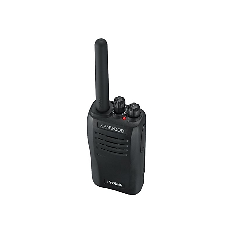 Schwarzes FunkgerÃ¤t mit Antenne und KnÃ¶pfen, Marke Kenwood. Roter Punkt leuchtet auf. Aufschrift: ProTalk.
