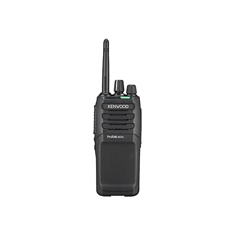 Schwarzes Funkgerät mit Antenne und „KENWOOD“ Schriftzug. Aufschrift „ProTalk DIGITAL“.