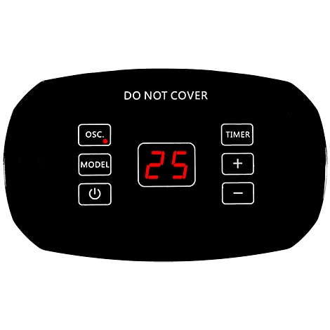 Schwarzes Bedienfeld mit Anzeige: 25. Text: "DO NOT COVER". Knöpfe für Oszillation, Modell, Timer, plus und minus.