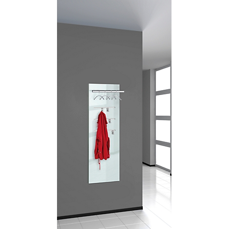 White coat rack on gray wall with red jacket, hooks and hangers. Bright, modern design.
