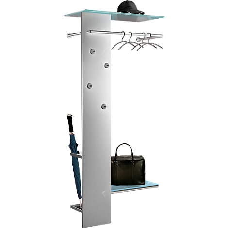 Modern metal and glass coat rack with hat, handbag, umbrella, and coat hangers.
