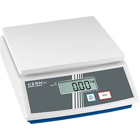 Balance numérique, blanche avec écran gris, affiche 0,00 kg. Boutons : Marche/Arrêt, Tare. Accentué en bleu et rouge.