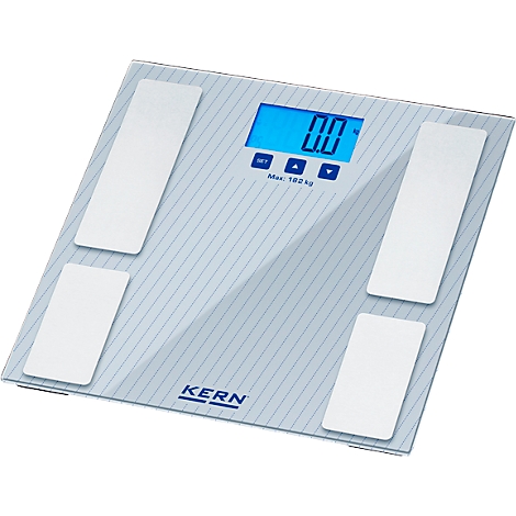 Digitale Personenwaage mit blauem Display, zeigt 0,0 an. Weisse Messflächen, Marke KERN.
