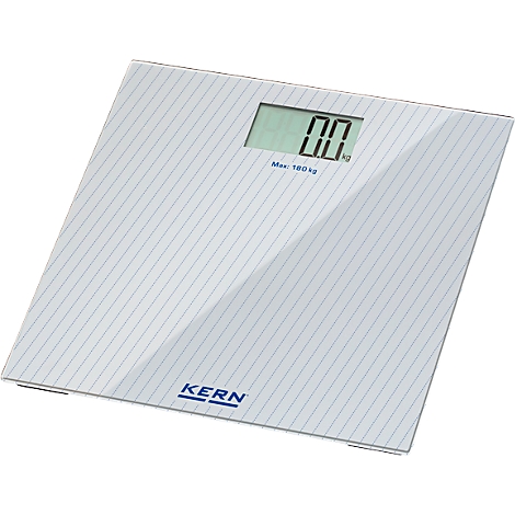 Weisse Personenwaage mit Digitalanzeige und 0,0 kg Gewicht. Das Logo von Kern ist am unteren Rand zu sehen.