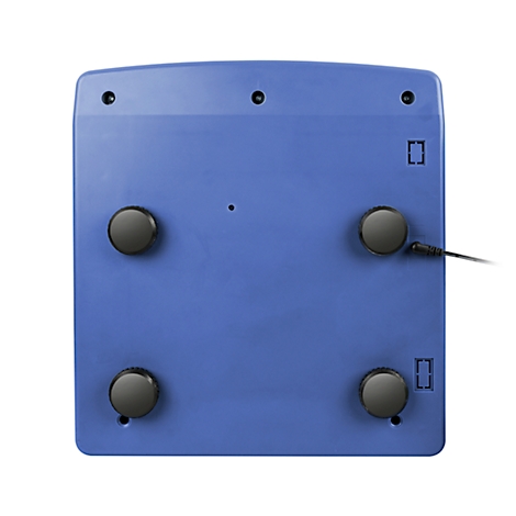 Blue bottom with black feet. A cable protrudes from the device.