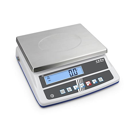 Digital scale showing 0.0. The device has a gray top and a white body with blue accents and black controls.