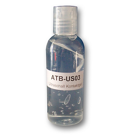 Liquide clair dans une bouteille en plastique transparent. L'étiquette indique "ATB-US03 Gel de contact pour ultrasons".