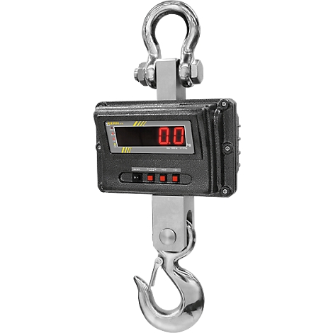 Hanging scale with digital display 0.0 kg. Black case, red display, hooks at top and bottom.
